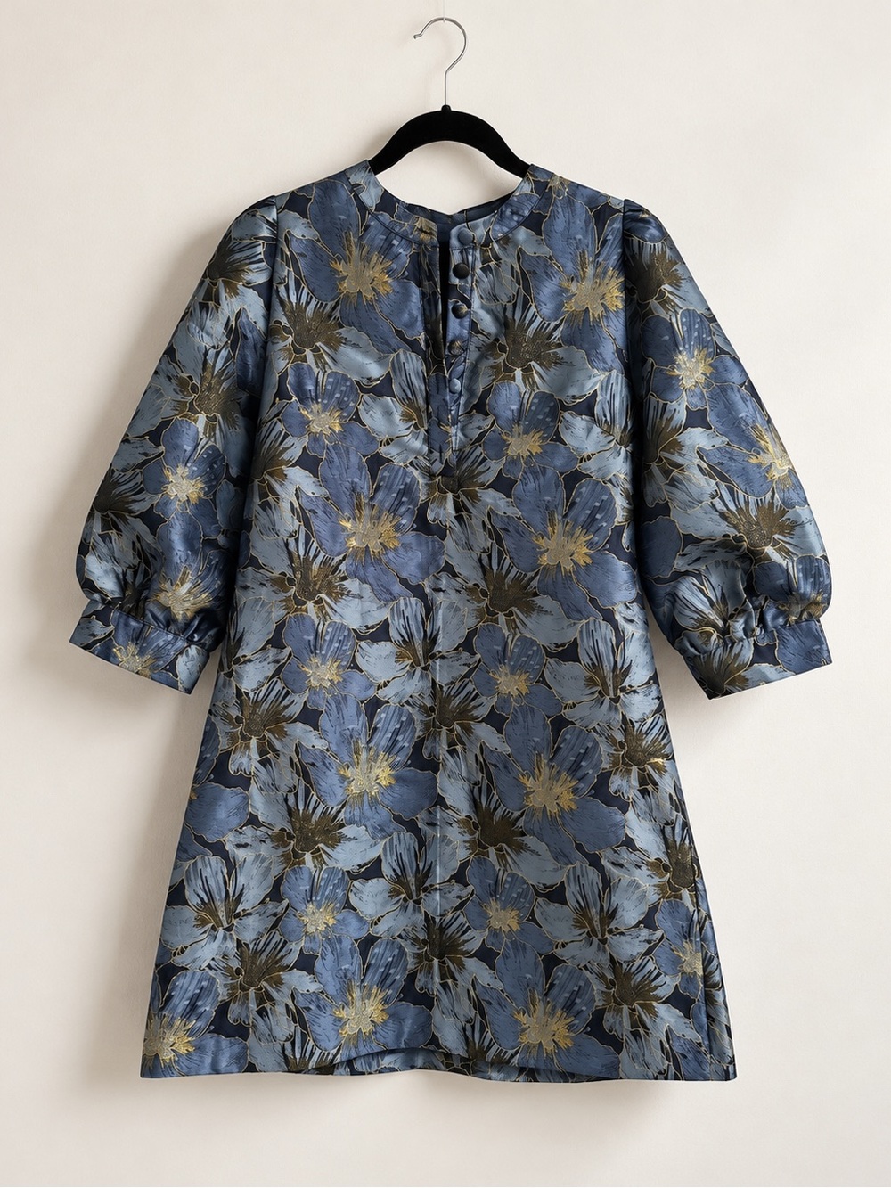 Blue Floral Jacquard Puff-Sleeve Dress